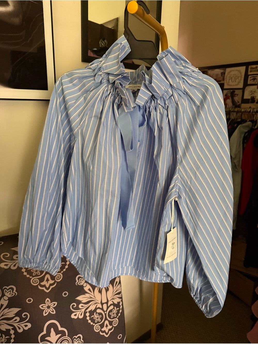 Blue Striped Tie-Neck Women's Blouse